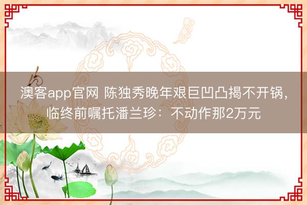 澳客app官网 陈独秀晚年艰巨凹凸揭不开锅，临终前嘱托潘兰珍：不动作那2万元